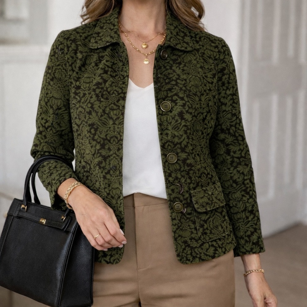 Talbots Olive Green Floral Patterned Blazer